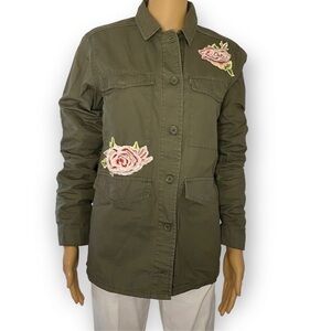 Louise Paris Military Style Green Khaki Embroidered Roses Jacket Shirt Medium